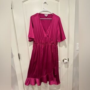 Magenta Wrap-Style Midi Dress with Ruffle Hem